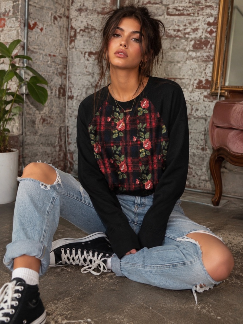 Lioness Floral Plaid‎ Pullover Sweatshirt | Size Small